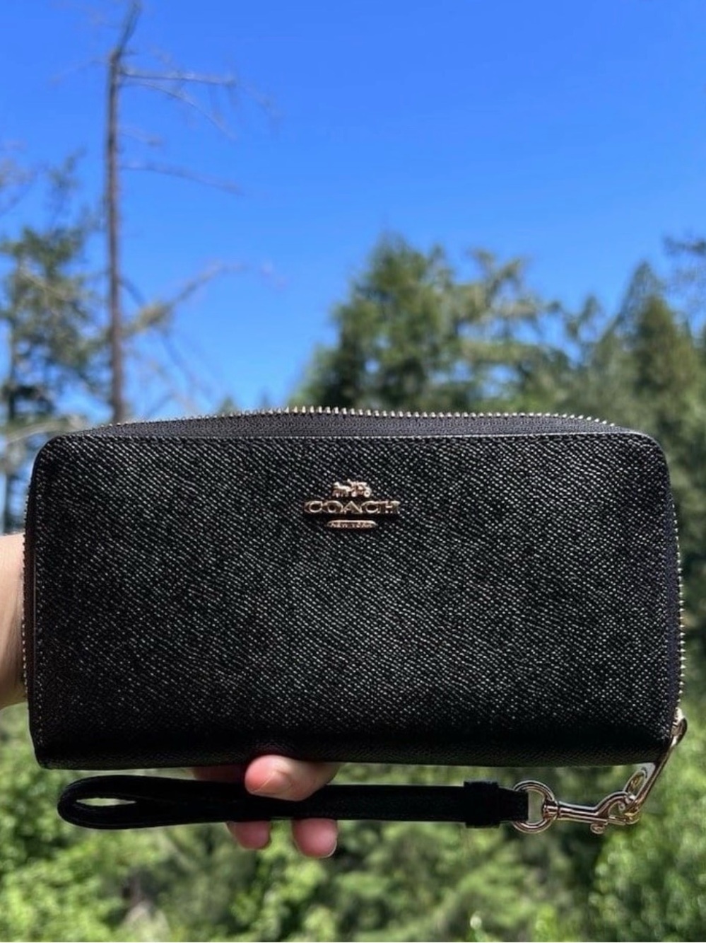 COACH Long Zip-Around Black Crossgrain Leather Phone Wallet with Gold Hardware